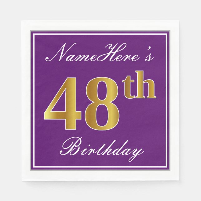 Elegant Purple, Faux Gold 48th Birthday + Name Napkin (Front)
