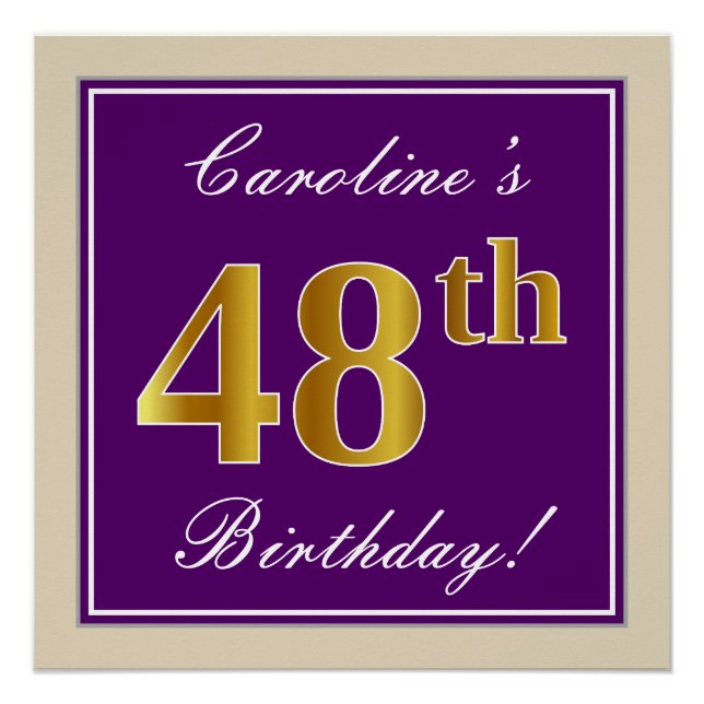 Elegant, Purple, Faux Gold 48th Birthday + Name Poster (Front)