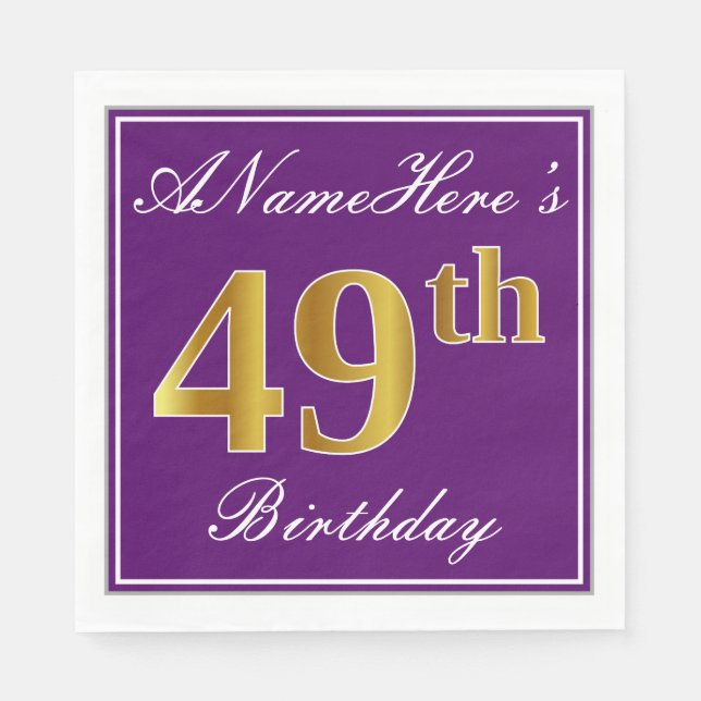 Elegant Purple, Faux Gold 49th Birthday + Name Napkin (Front)