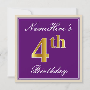 Elegant, Purple, Faux Gold 4th Birthday + Name Invitation