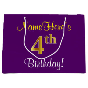 Elegant, Purple, Faux Gold 4th Birthday + Name Large Gift Bag