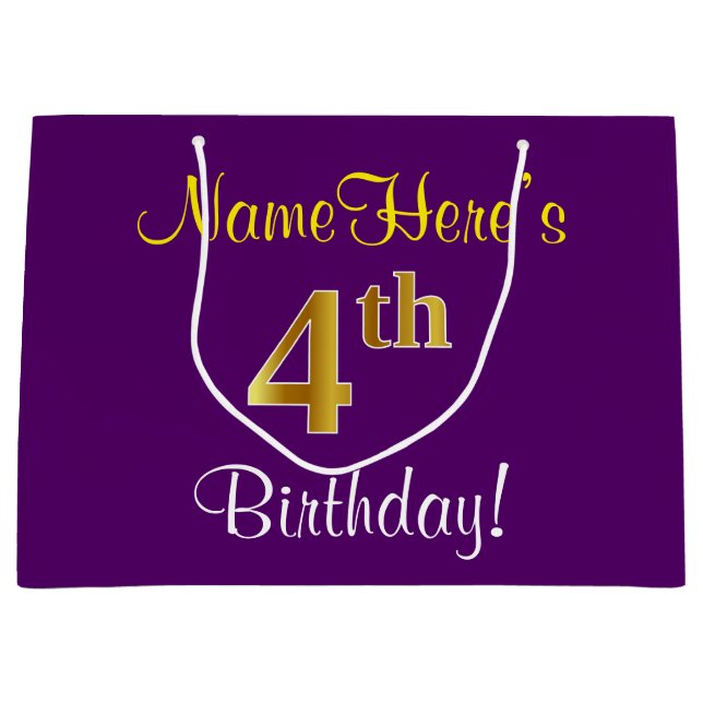 Elegant, Purple, Faux Gold 4th Birthday + Name Large Gift Bag (Front)