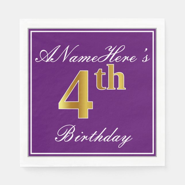 Elegant Purple, Faux Gold 4th Birthday + Name Napkin (Front)