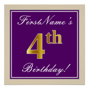 Elegant, Purple, Faux Gold 4th Birthday + Name Poster
