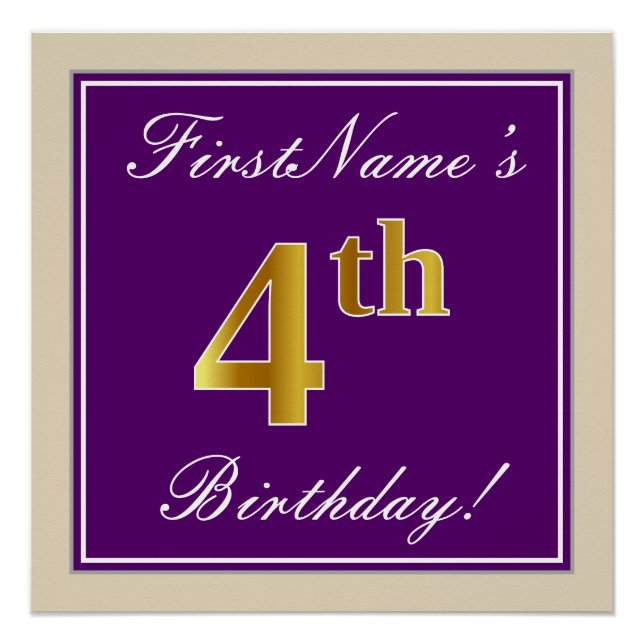 Elegant, Purple, Faux Gold 4th Birthday + Name Poster (Front)