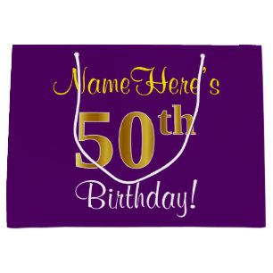Elegant, Purple, Faux Gold 50th Birthday + Name Large Gift Bag