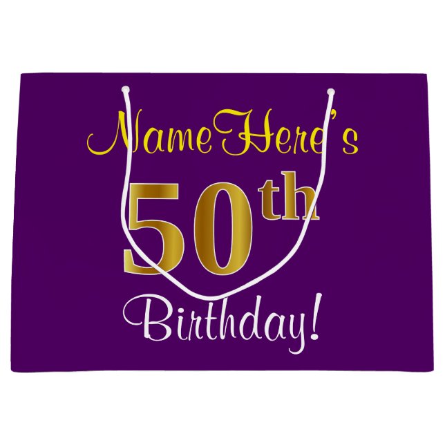 Elegant, Purple, Faux Gold 50th Birthday + Name Large Gift Bag (Front)