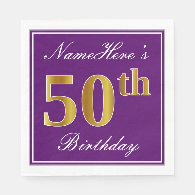Elegant Purple, Faux Gold 50th Birthday + Name Napkin (Front)