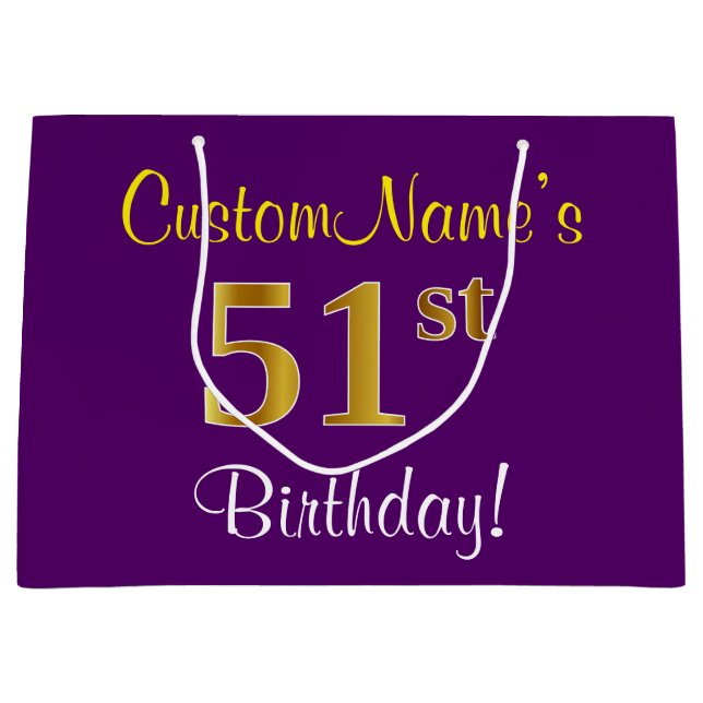 Elegant, Purple, Faux Gold 51st Birthday + Name Large Gift Bag (Front)