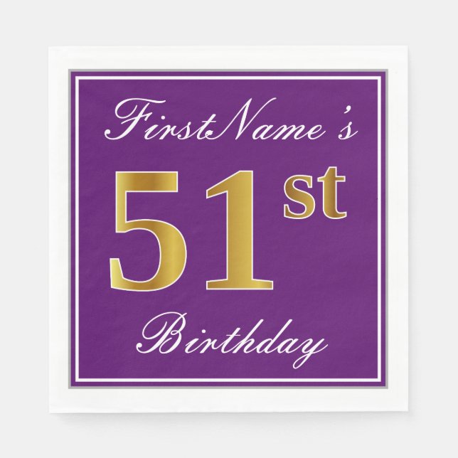 Elegant Purple, Faux Gold 51st Birthday + Name Napkin (Front)