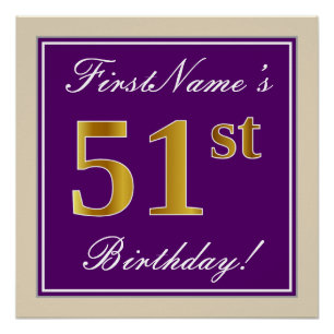Elegant, Purple, Faux Gold 51st Birthday + Name Poster
