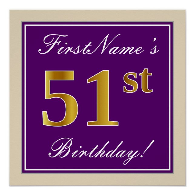 Elegant, Purple, Faux Gold 51st Birthday + Name Poster (Front)