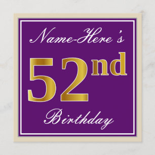 Elegant, Purple, Faux Gold 52nd Birthday + Name Invitation