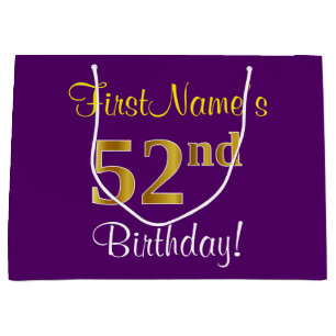 Elegant, Purple, Faux Gold 52nd Birthday + Name Large Gift Bag
