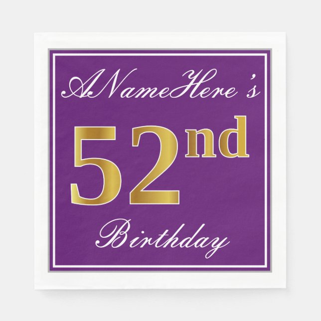 Elegant Purple, Faux Gold 52nd Birthday + Name Napkin (Front)