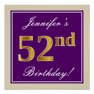 Elegant, Purple, Faux Gold 52nd Birthday + Name Poster