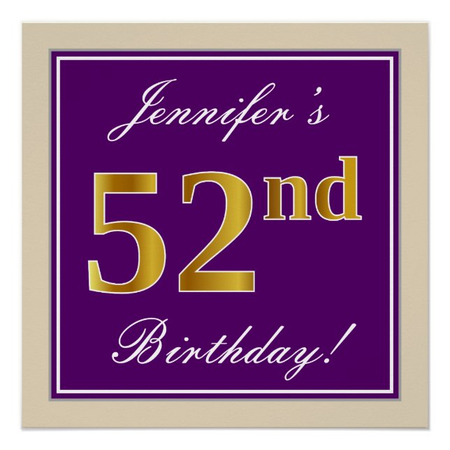 Elegant, Purple, Faux Gold 52nd Birthday + Name Poster (Front)