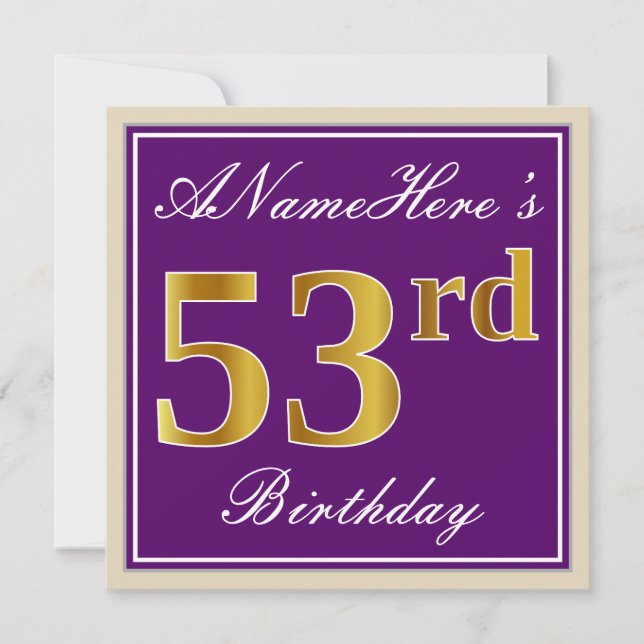 Elegant, Purple, Faux Gold 53rd Birthday + Name Invitation (Front)