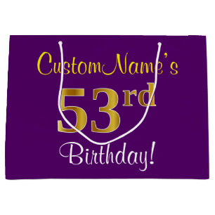 Elegant, Purple, Faux Gold 53rd Birthday + Name Large Gift Bag