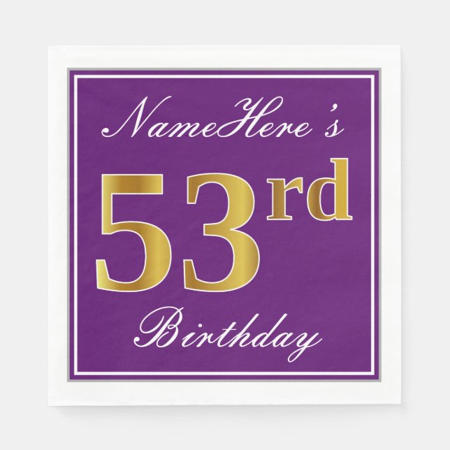 Elegant Purple, Faux Gold 53rd Birthday + Name Napkin (Front)