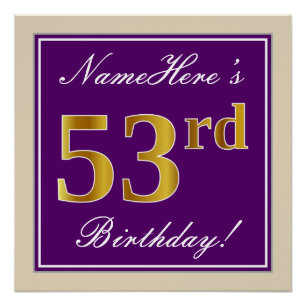 Elegant, Purple, Faux Gold 53rd Birthday + Name Poster