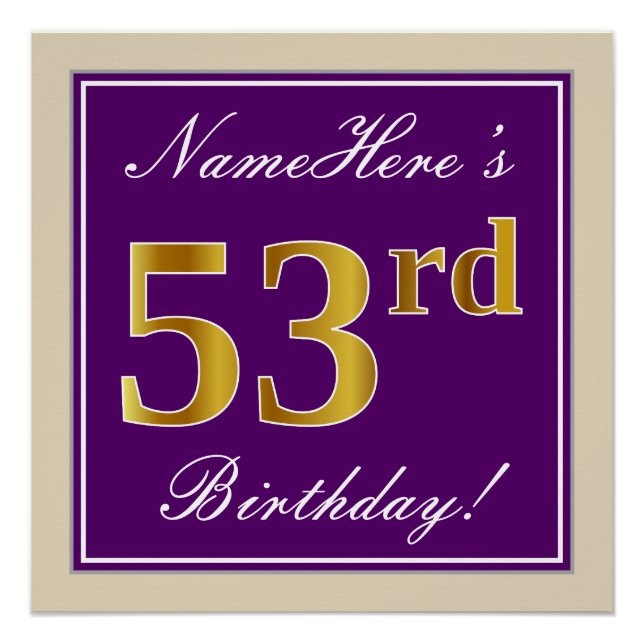 Elegant, Purple, Faux Gold 53rd Birthday + Name Poster (Front)