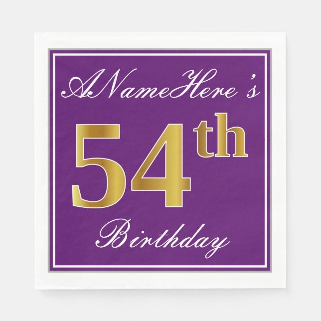 Elegant Purple, Faux Gold 54th Birthday + Name Napkin (Front)