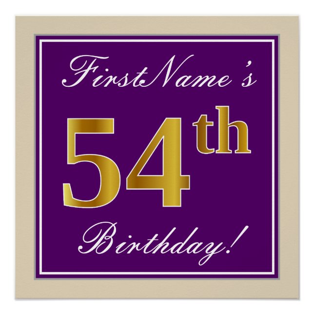 Elegant, Purple, Faux Gold 54th Birthday + Name Poster (Front)