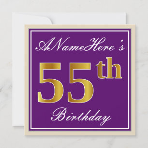 Elegant, Purple, Faux Gold 55th Birthday + Name Invitation