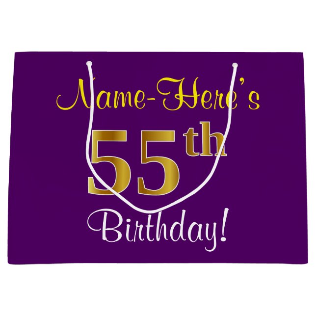 Elegant, Purple, Faux Gold 55th Birthday + Name Large Gift Bag (Front)