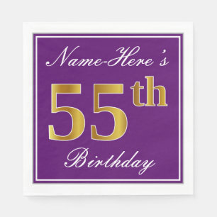 Elegant Purple, Faux Gold 55th Birthday + Name Napkin
