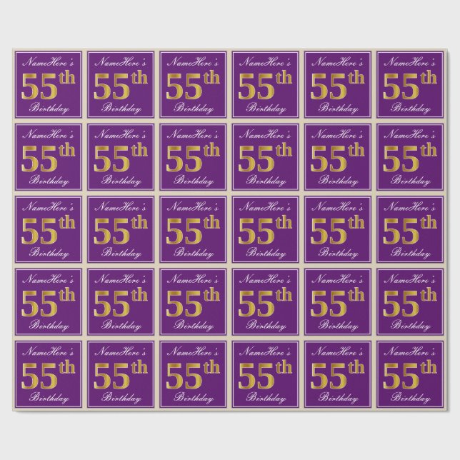Elegant, Purple, Faux Gold 55th Birthday + Name Wrapping Paper (Flat)