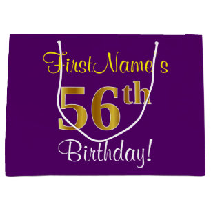 Elegant, Purple, Faux Gold 56th Birthday + Name Large Gift Bag