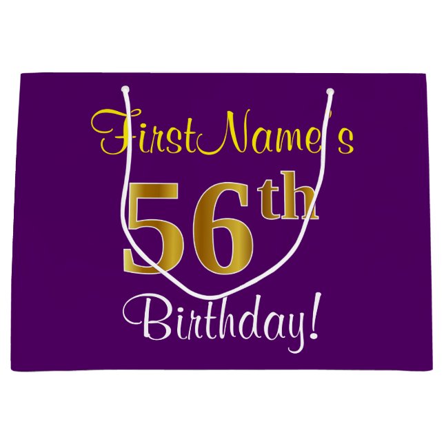 Elegant, Purple, Faux Gold 56th Birthday + Name Large Gift Bag (Front)