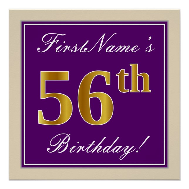 Elegant, Purple, Faux Gold 56th Birthday + Name Poster (Front)