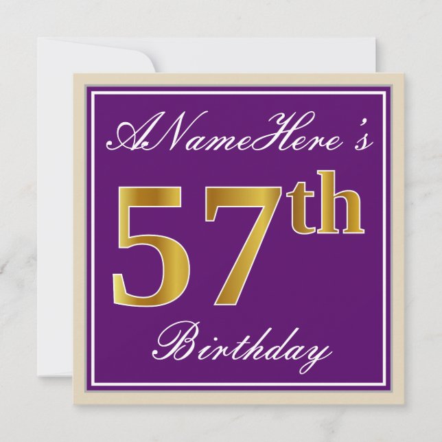 Elegant, Purple, Faux Gold 57th Birthday + Name Invitation (Front)