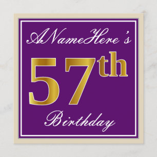 Elegant, Purple, Faux Gold 57th Birthday + Name Invitation
