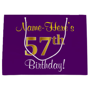 Elegant, Purple, Faux Gold 57th Birthday + Name Large Gift Bag
