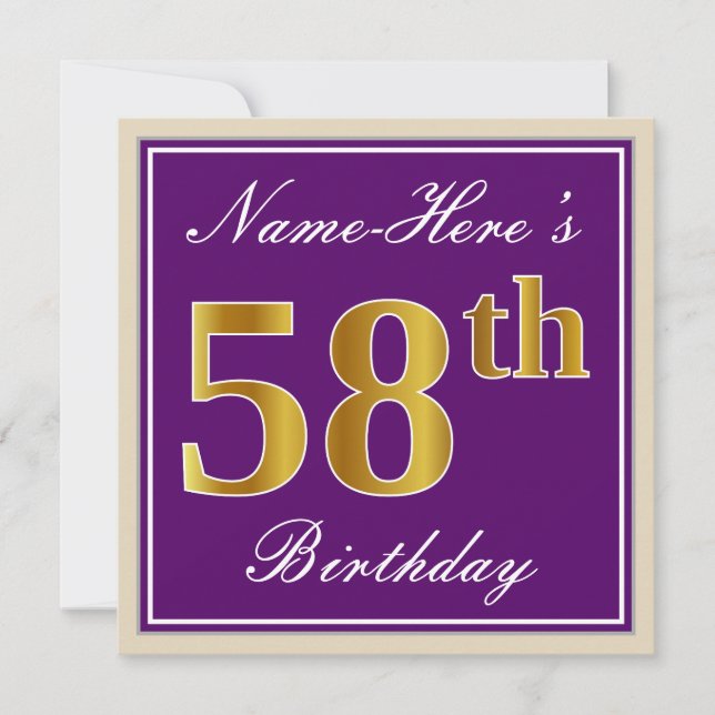 Elegant, Purple, Faux Gold 58th Birthday + Name Invitation (Front)
