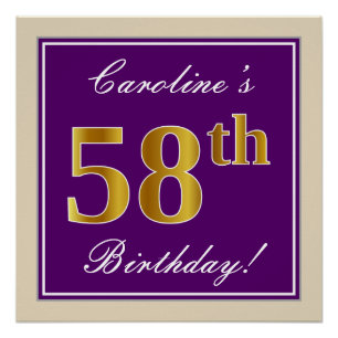 Elegant, Purple, Faux Gold 58th Birthday + Name Poster