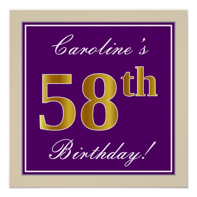 Elegant, Purple, Faux Gold 58th Birthday + Name Poster (Front)