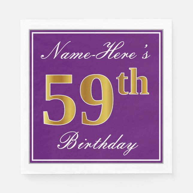Elegant Purple, Faux Gold 59th Birthday + Name Napkin (Front)