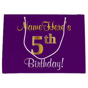 Elegant, Purple, Faux Gold 5th Birthday + Name Large Gift Bag