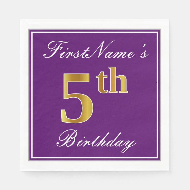 Elegant Purple, Faux Gold 5th Birthday + Name Napkin (Front)