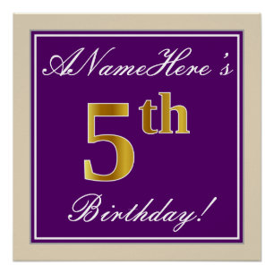 Elegant, Purple, Faux Gold 5th Birthday + Name Poster