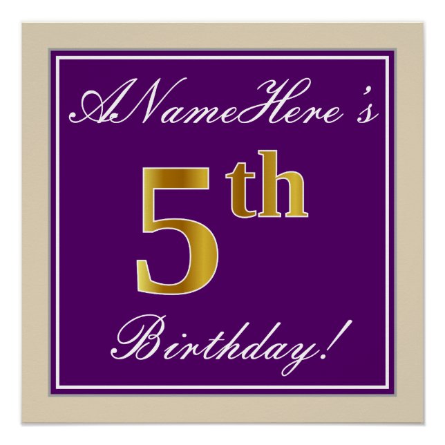 Elegant, Purple, Faux Gold 5th Birthday + Name Poster (Front)