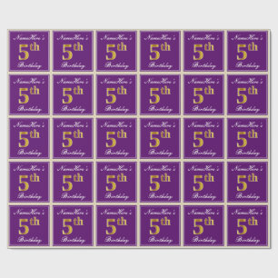 Elegant, Purple, Faux Gold 5th Birthday + Name Wrapping Paper