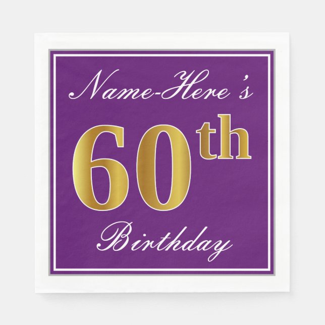 Elegant Purple, Faux Gold 60th Birthday + Name Napkin (Front)