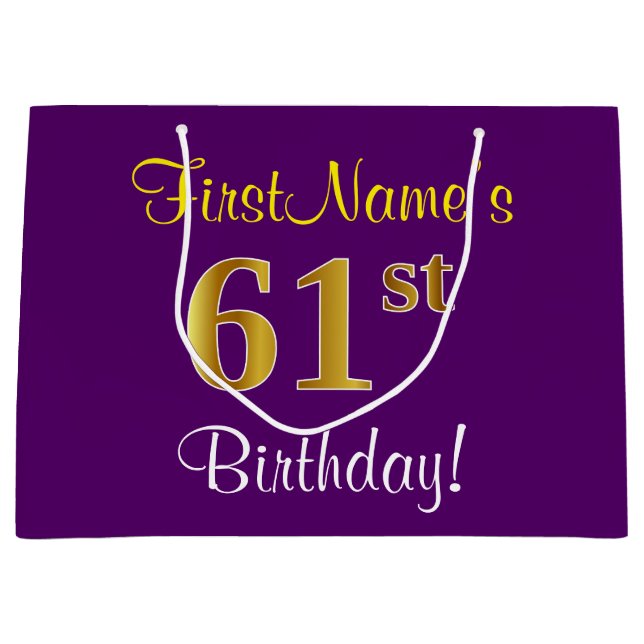 Elegant, Purple, Faux Gold 61st Birthday + Name Large Gift Bag (Front)