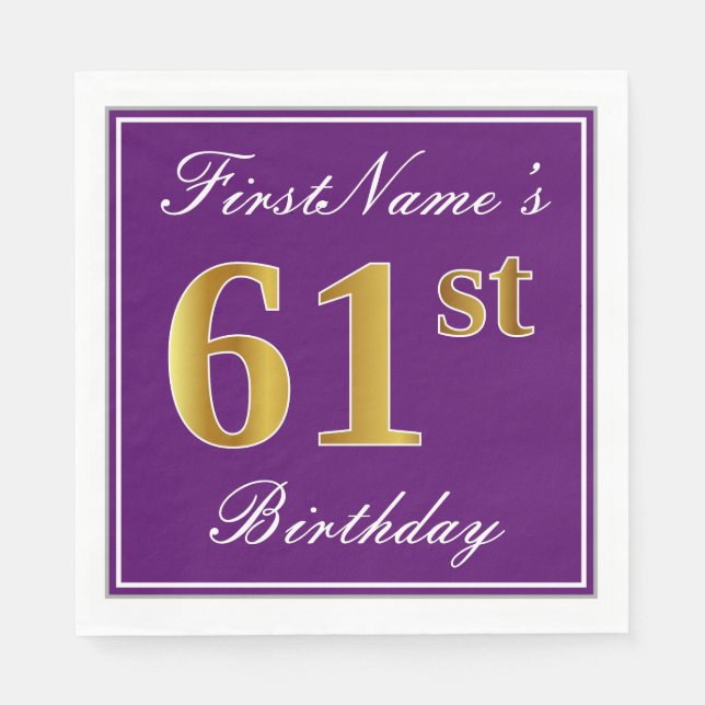 Elegant Purple, Faux Gold 61st Birthday + Name Napkin (Front)